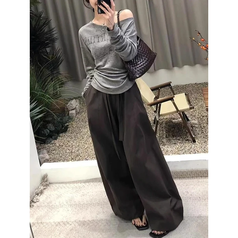 美式复古字母印花露肩长袖T恤女装秋季百搭内搭显瘦掐腰打底上衣