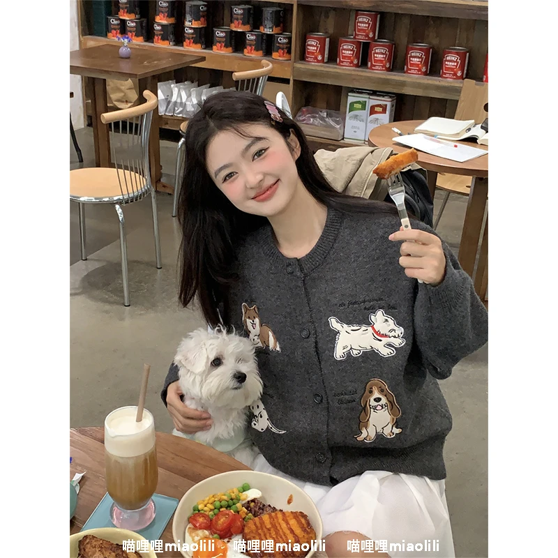 喵哩哩miaolili 韩系甜美减龄重工刺绣狗狗宽松开衫毛衣外套秋冬