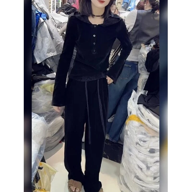 2025秋季新款气质百搭连帽单排扣上衣休闲阔腿长裤女装时尚两件套