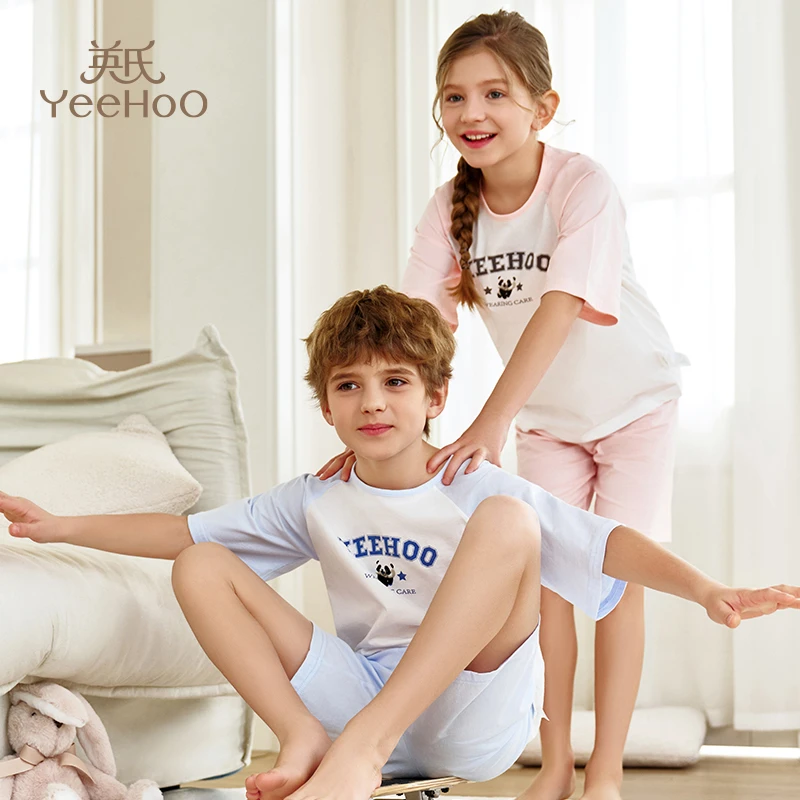 英氏女童纯棉家居服中大童夏季薄款短袖睡衣户外运动套装M儿童