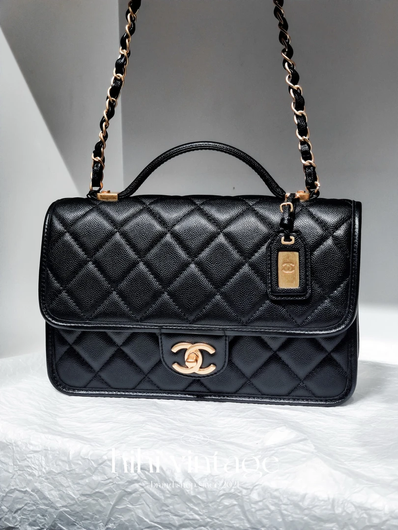 99新 Chanel/香奈儿 黑金荔枝纹手提邮差包 芯片款18651600