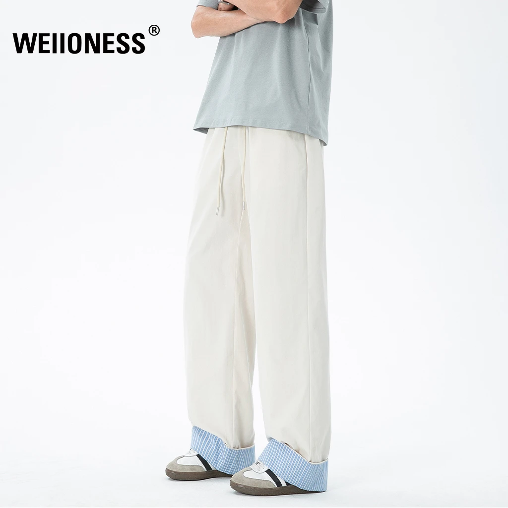 WEIIONESS格子拼接裤子男夏季薄款垂感宽松直筒卫裤痞帅休闲长裤