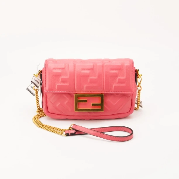 95新 FENDI/芬迪 (带手提)粉色金扣链条法棍包 5288