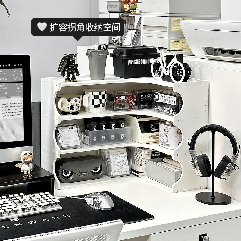 极简风白色工位转角置物架办公室桌面拐角分层杯子茶包文具收纳架