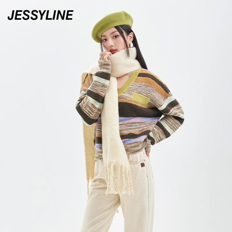 4369【李易行】jessyline秋季新款女装 杰茜莱撞色v领针织开衫女
