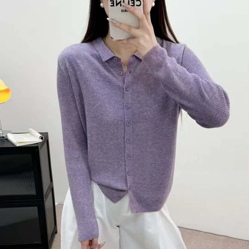 0070方领薄款纯色针织开衫女25年新款长袖洋气女装上衣