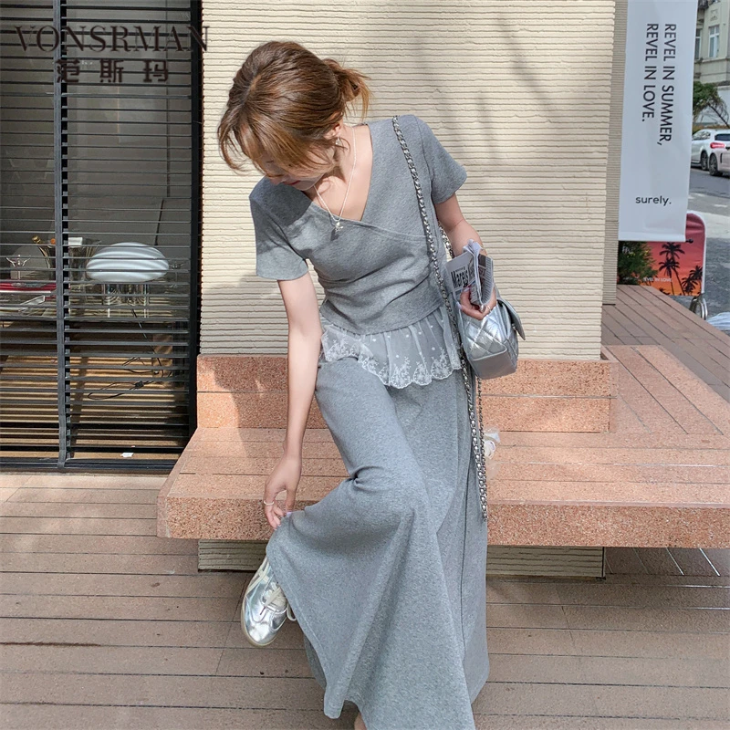 休闲运动蕾丝拼接灰色T恤半身裙套装女夏两件套韩系夏日穿搭绝美