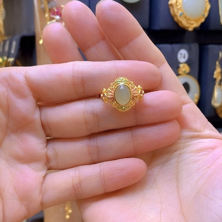 银S925镀金镶嵌戒指和田玉