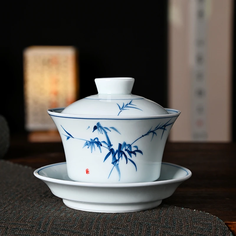 手绘釉下彩高温青花三才盖碗家用单个陶瓷泡茶器大容量介碗