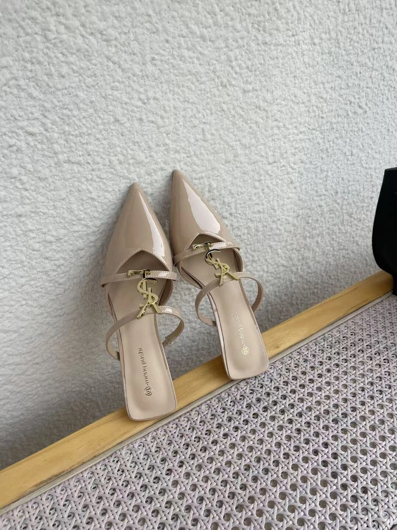 实体店凉鞋浅口中跟气质漆皮单鞋尖头半拖包头2025新款夏款女外穿