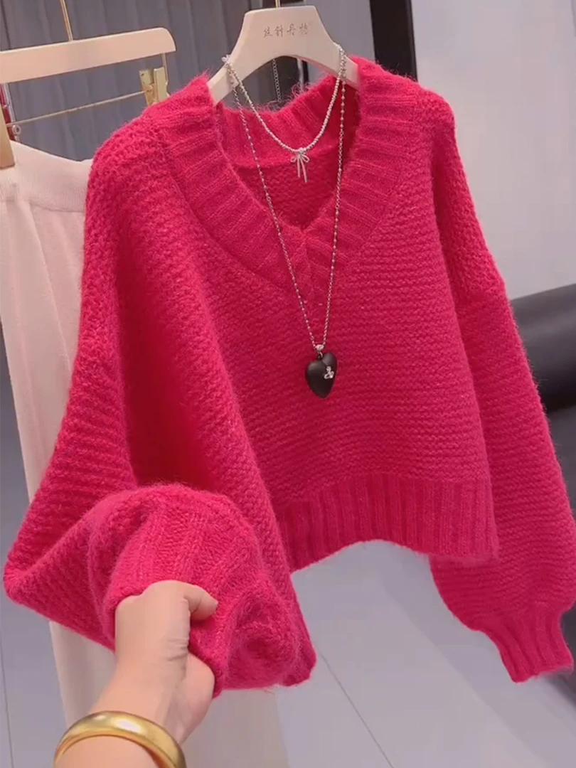 双十一宽松V领玫红色针织衫女秋冬2025新款韩系软糯套头毛衣上衣