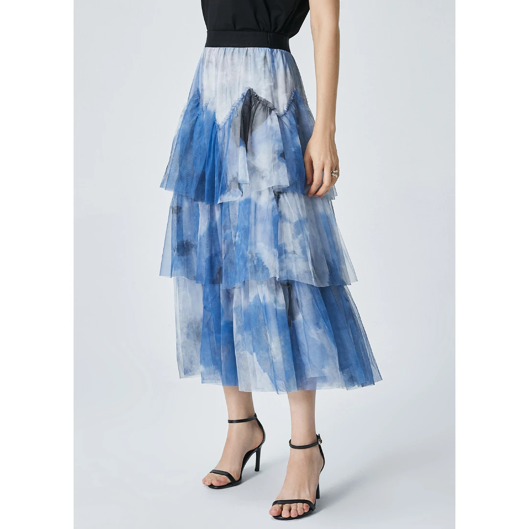 【曼德诗】时尚半身裙夏季水墨晕染中长款蛋糕裙230607-95857