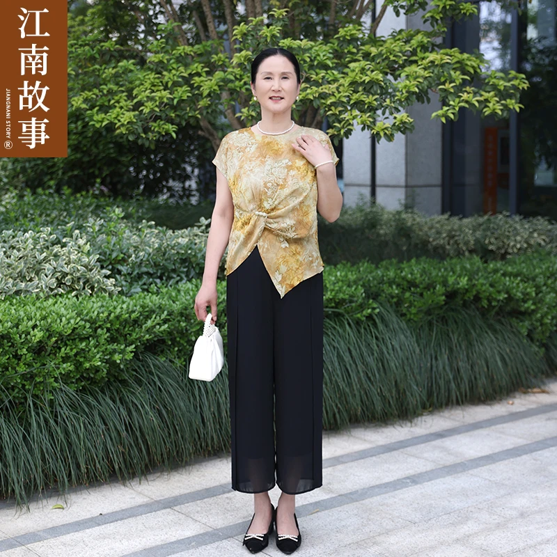 妈妈装2025薄款印花上衣中国风夏装中老年女装短款衬衫