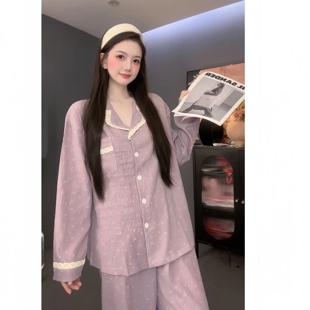 【紫藤花】气质小香风开衫长袖长裤家居服秋冬可外穿宽松女翻领睡衣