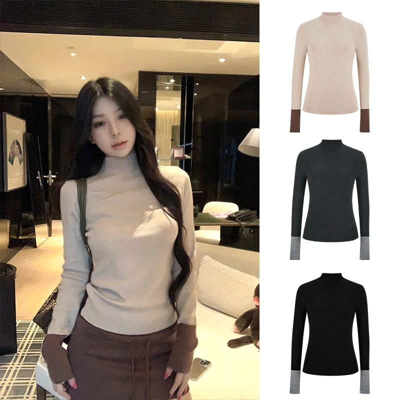 Moses Queen/魔西女王撞色半高领正肩针织衫女秋冬设计感打底上衣