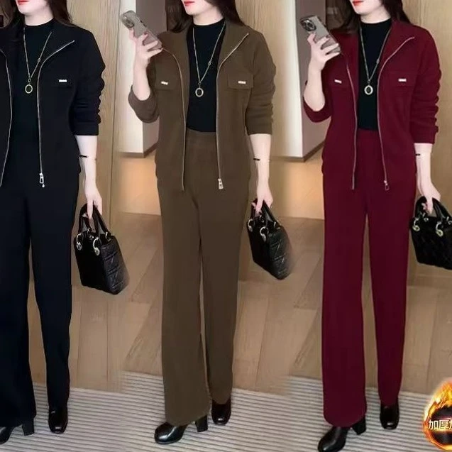 加绒加厚洋气休闲减龄时尚套装2025新款女士显瘦秋冬两件秋季