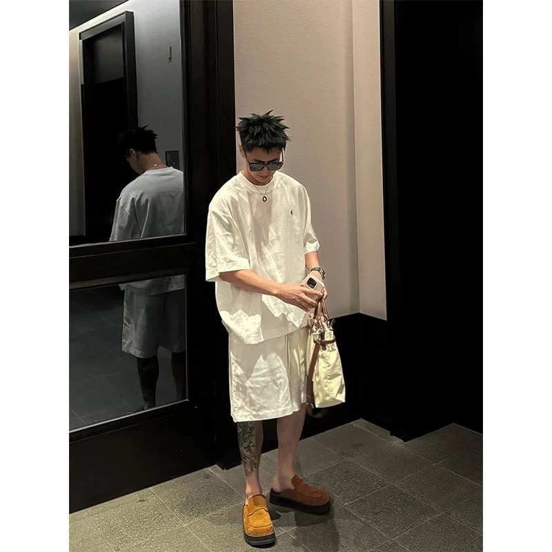 夏季300斤加大码雅痞风两件套装男女款亚麻休闲短袖T恤五分直筒裤