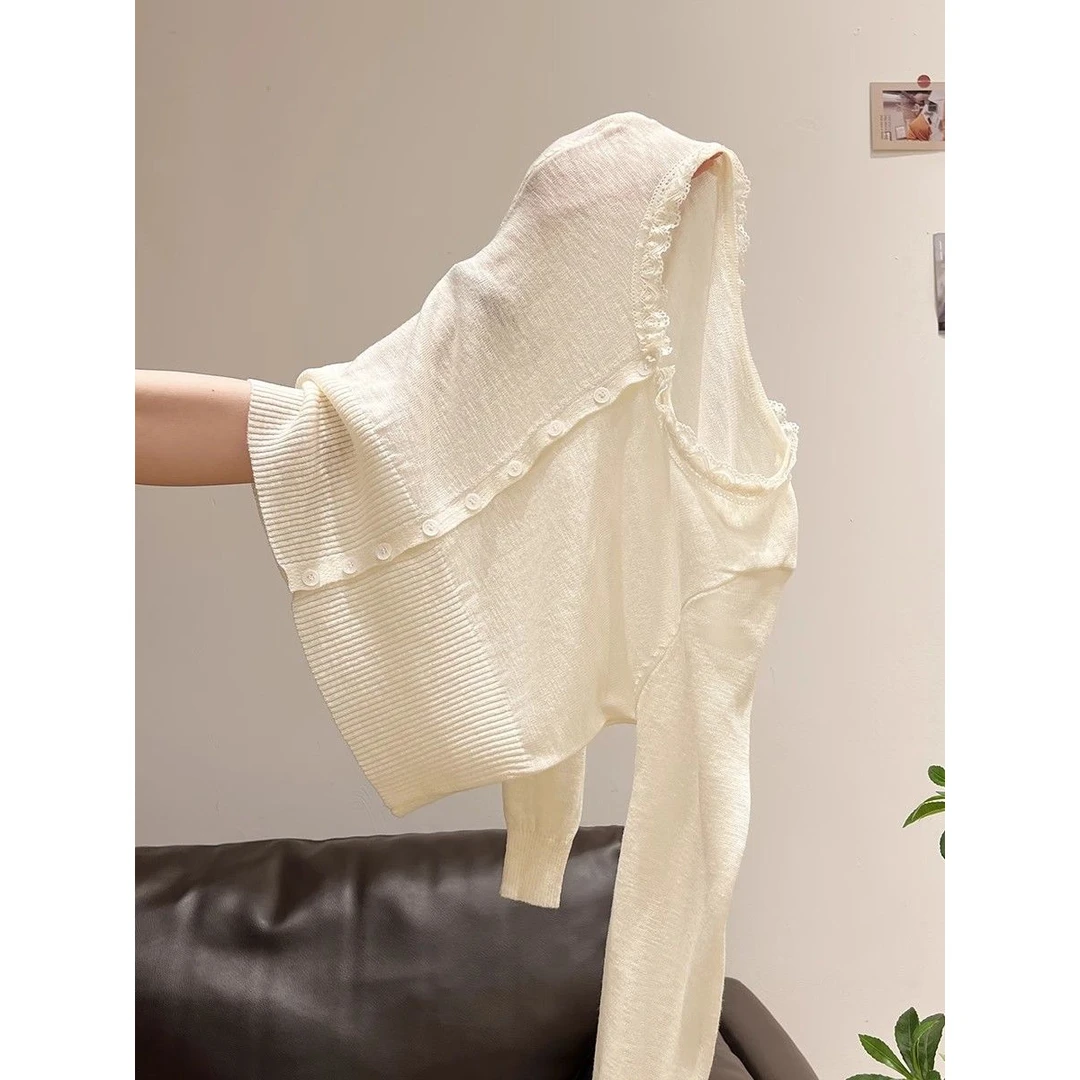 简直好看到炸！自留！白色蕾丝花边长袖针织开衫女小众薄款绝美上衣