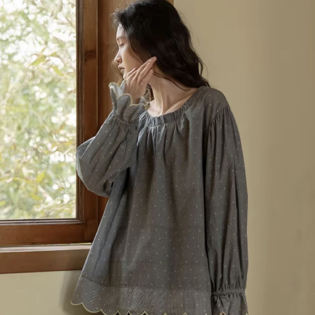 皇子精选｜女士春夏新款梭织长袖格子纯棉宽松舒适家居服套装