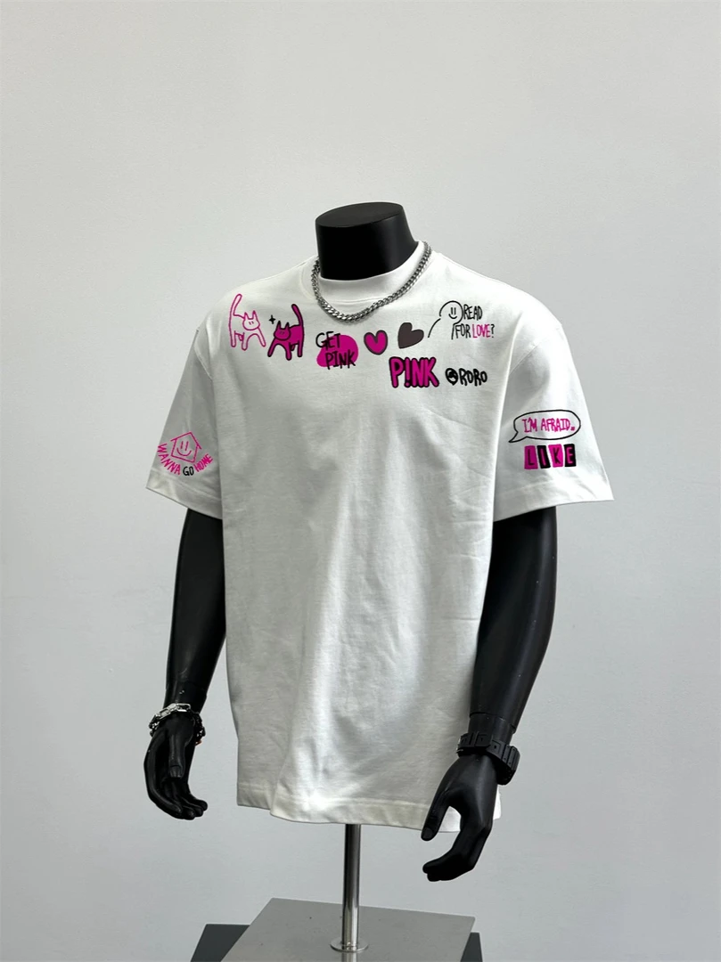 230g小领口！艺术家系列男女情侣对话小猫短袖T恤oversize趣味上衣