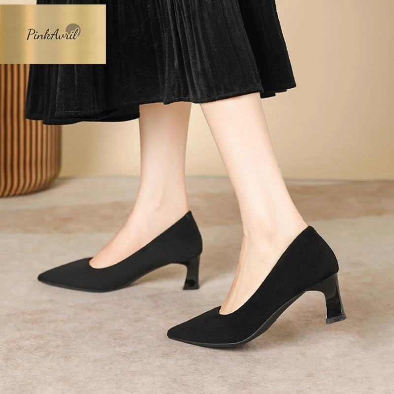 PinkAvril高跟鞋女2025绒面软底久站不累脚空乘正装通勤职业黑色