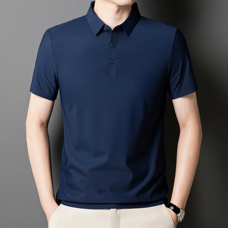 爸爸短袖商务休闲纯色翻领polo衫冰丝免烫透气半袖宽松T恤