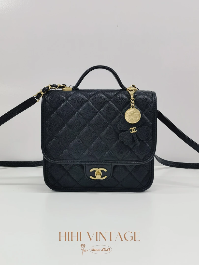 99新 Chanel/香奈儿 Chanel 黑金荔枝纹四叶草双肩包18760736二店