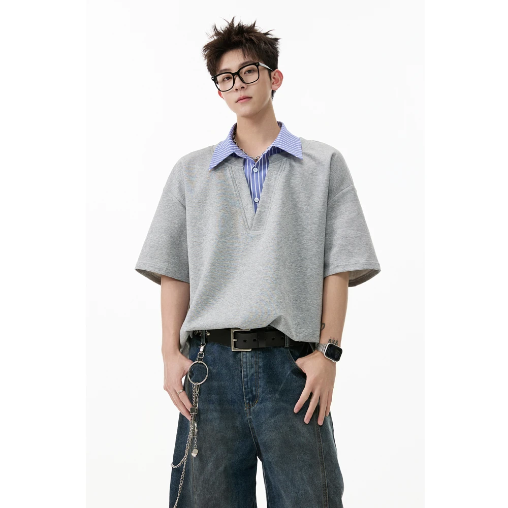 假两件衬衫领短袖T恤男款夏季潮牌高级感polo领痞帅宽松凉感半袖