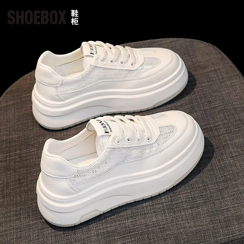 SHOEBOX鞋柜厚底厚底单网小白鞋子女2025夏季新款透气休闲板鞋