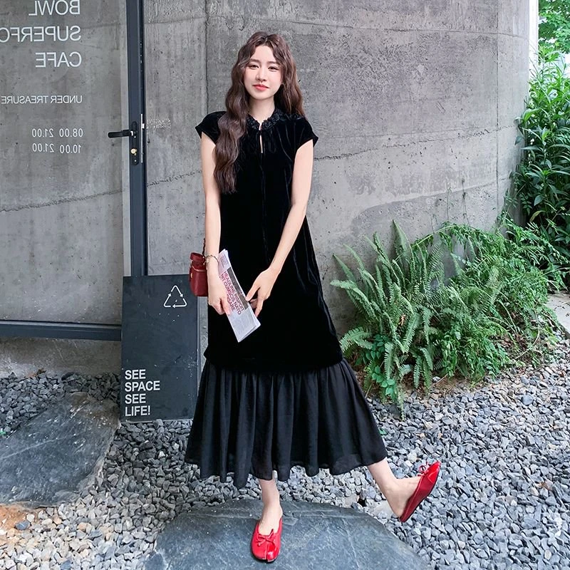 新中式黑色国风连衣裙女2025新款夏季气质丝绒网纱拼接鱼尾连衣裙