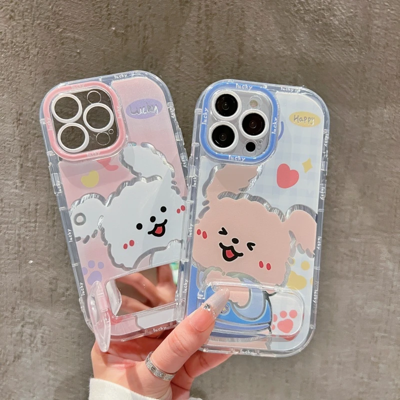 情侣小狗手机壳适用苹果华为小米vivo防摔镜子全包奶油羽纱支架款