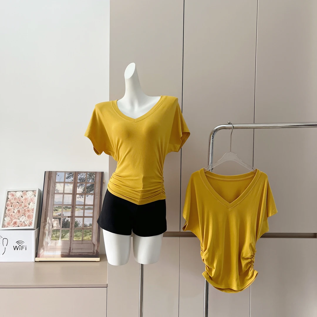 简约V领短袖上衣女百搭纯色薄款T恤