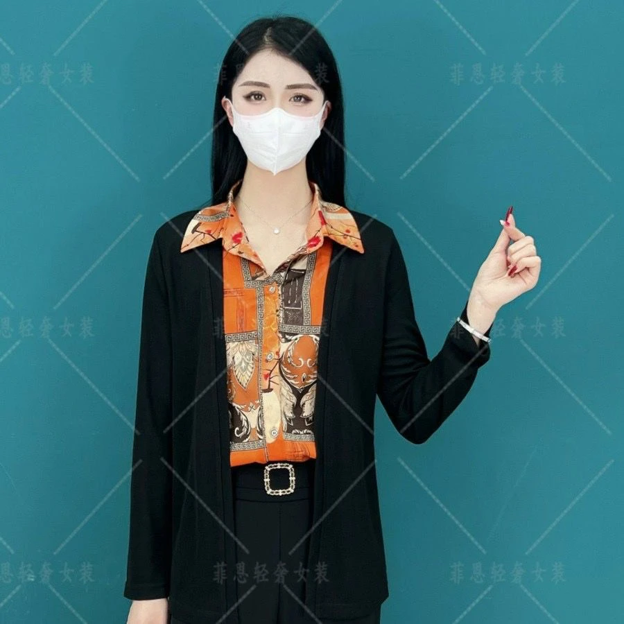 2302款假两件开衫女新款百搭减龄显白显瘦洋气长袖妈妈装小衫