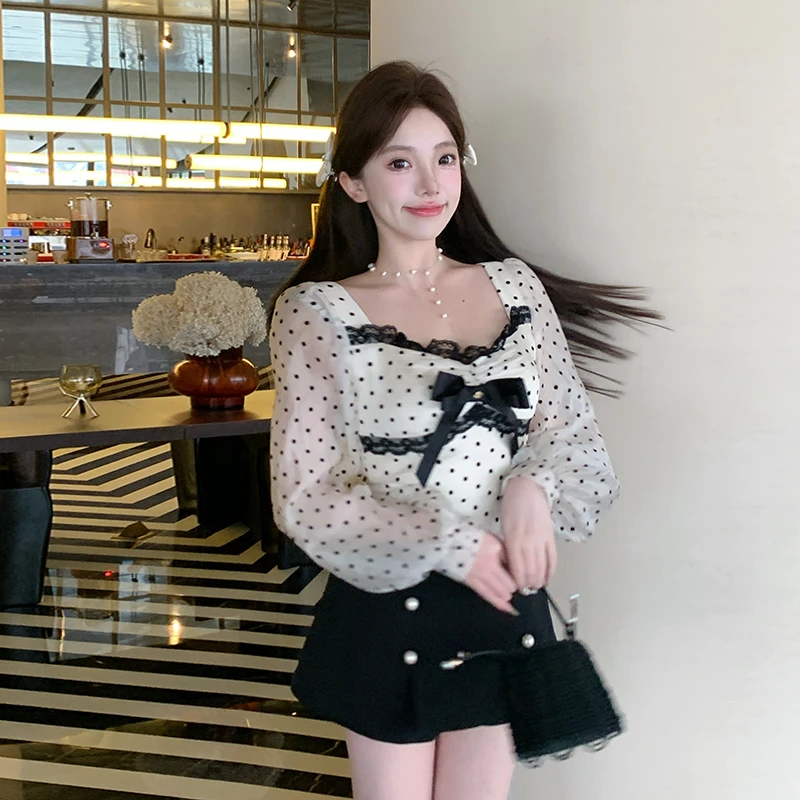 冰冰来了【Miu式波点】少女感甜美波点长袖衬衣蕾丝蝴蝶结上衣27010