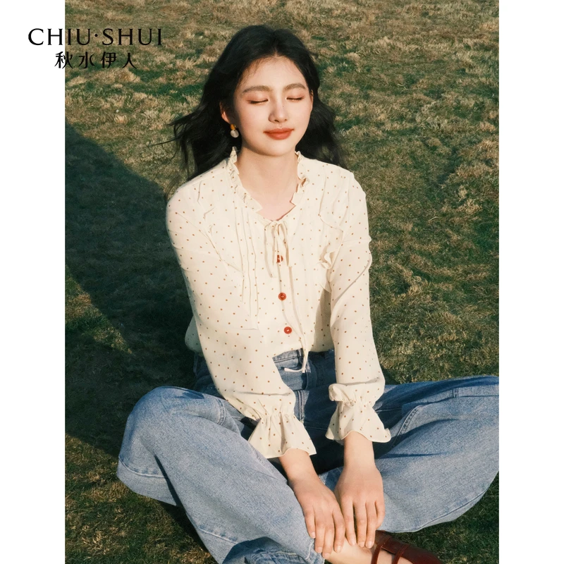 秋水伊人优雅立领衬衫2025年春季新款女H型波点上衣625101E060445