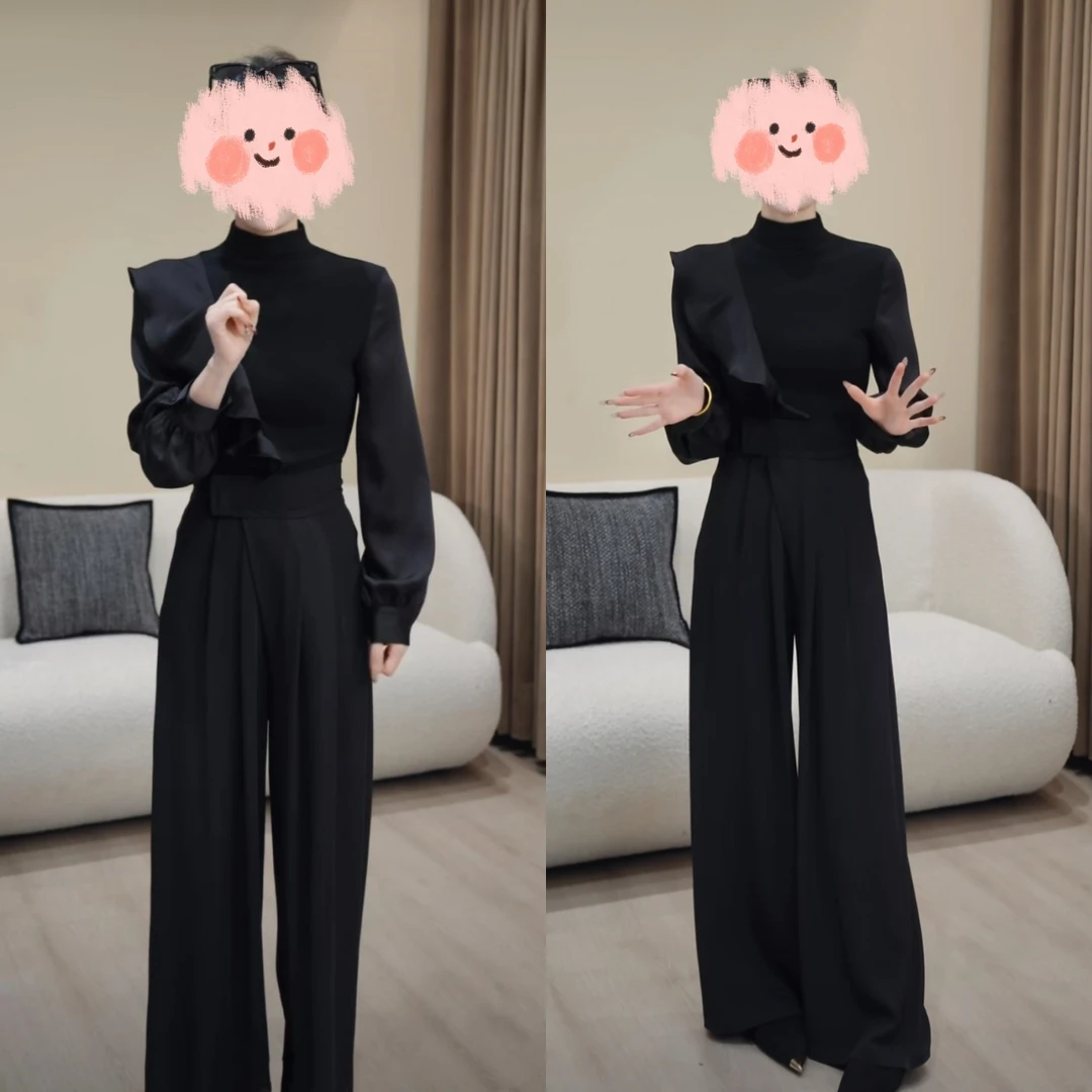 2025春季新款半高领长袖T恤时尚修身显瘦上衣高腰西装裤两件套