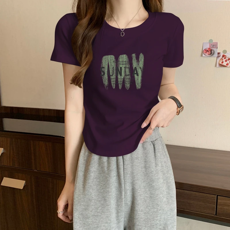 【葡萄紫】正肩弧形2025新款常规短袖显瘦圆领透气极简风insT恤上衣