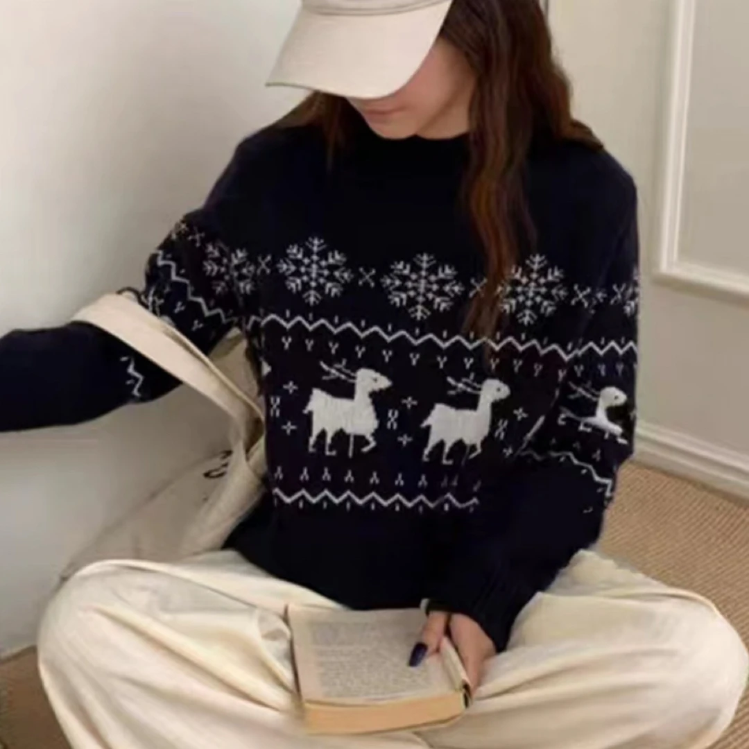 （衣长59）278秋冬新款圆领圣诞红色套头毛衣长袖宽松慵懒风