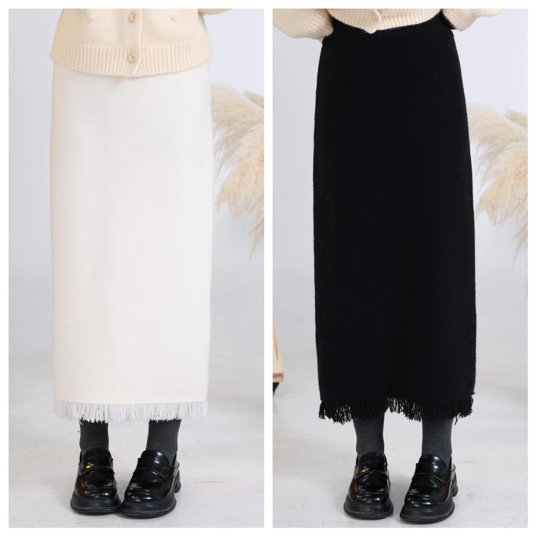 QC李潇洒微胖大码秋冬下摆流苏针织半裙高腰显瘦百搭直筒长裙