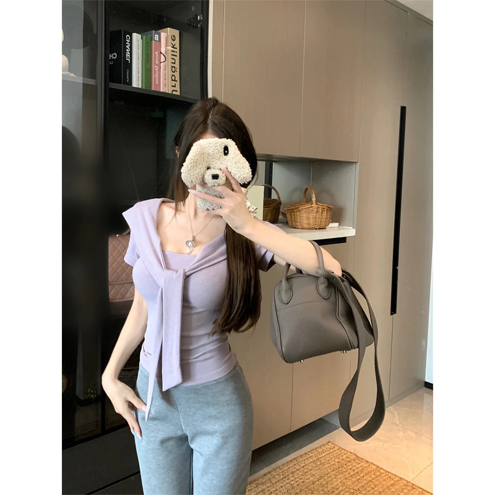 1152-短袖T恤女方领绑带修身纯欲风纯色棉百搭小众体恤