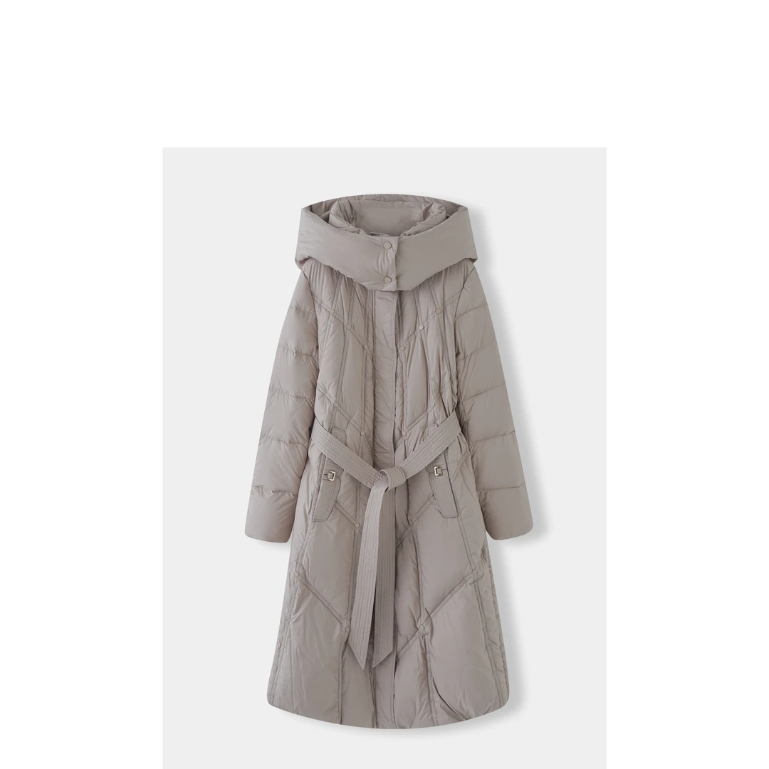 长款法式羽绒服百搭简约保暖连帽女士秋冬收腰毛领优雅/HWZY050