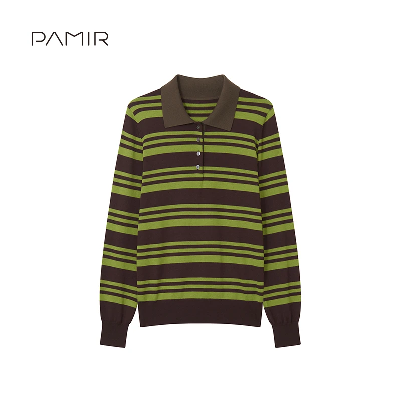 【叶可可】PAMIR春夏新款女翻领精纺羊毛条纹针织衫 PZ654