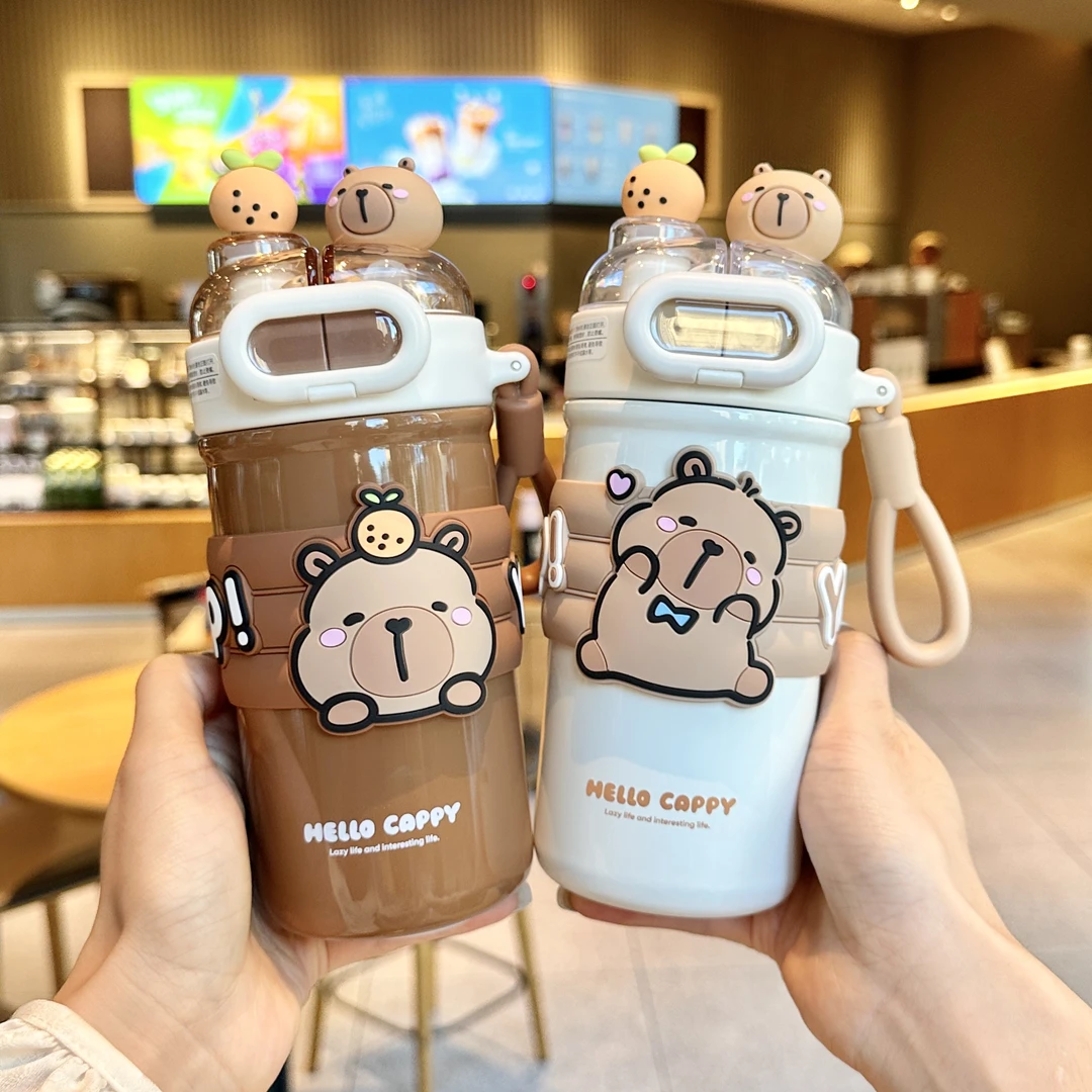 卡皮巴拉水杯儿童保温杯女孩上学专用幼儿园小学生双饮杯吸管水壶