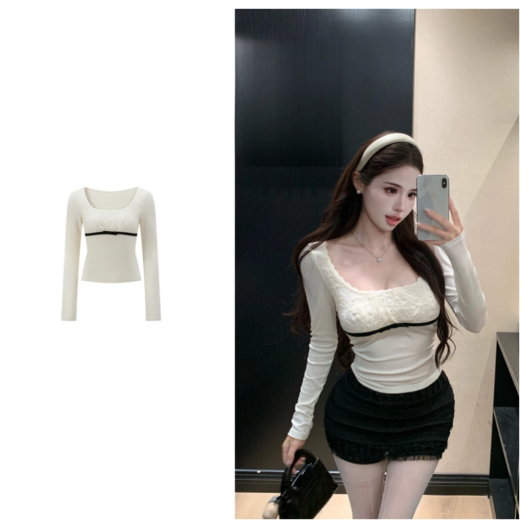 蕾丝花边白色方领长袖T恤女秋冬蝴蝶结修身内搭chic短款打底上衣