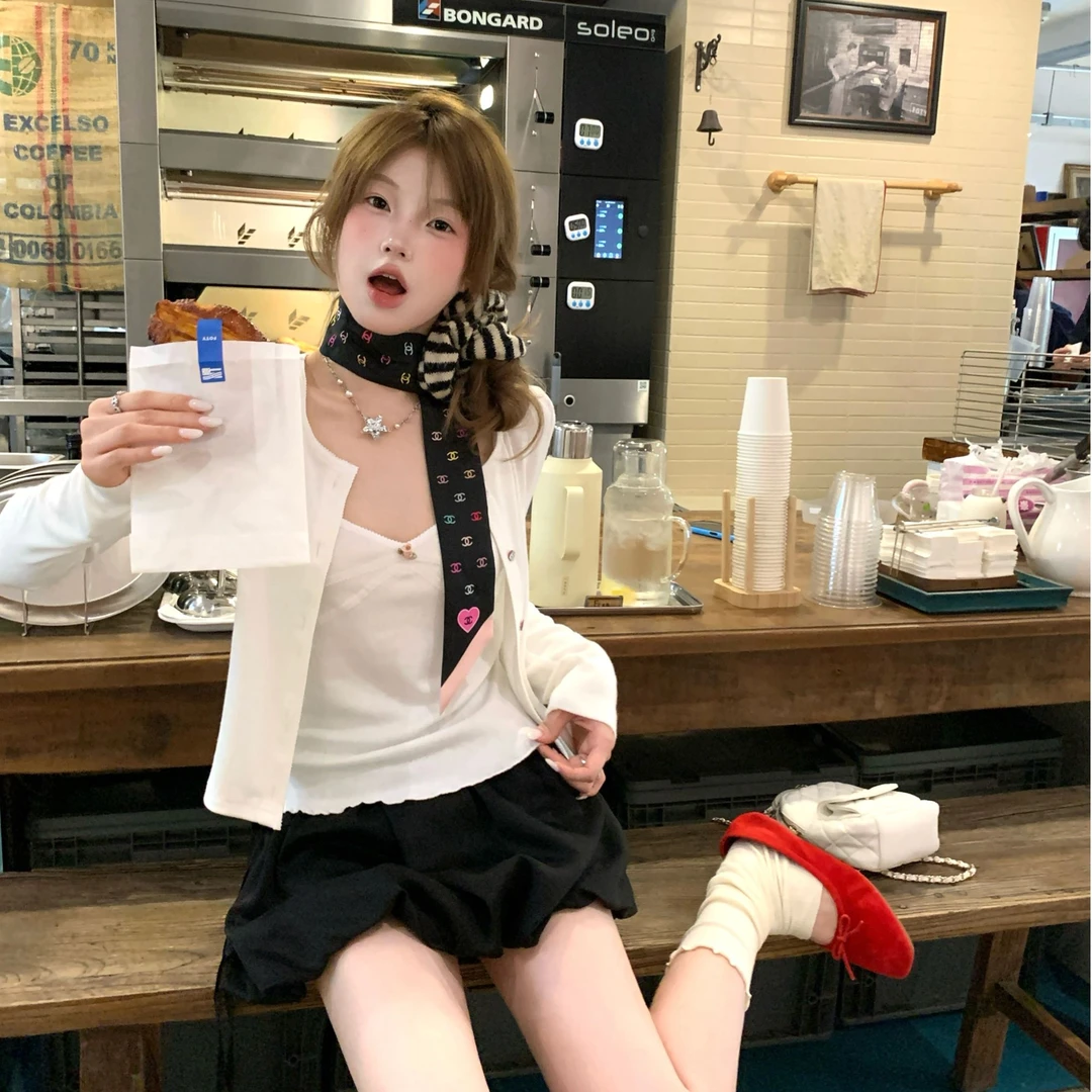 aaaaxbbb 蝉鸣露台 两色针织吊带开衫套装花边吊带防晒上衣外套女