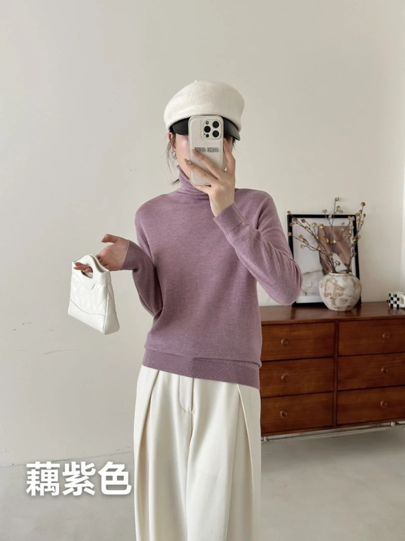 100%超细精纺美丽诺羊毛 堆堆领平针25秋冬新款长袖