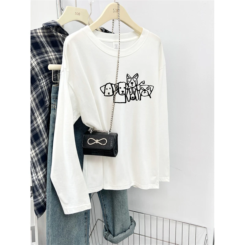 纯棉白色狗狗印花长袖打底衫t恤女早秋款宽松大码中长款外穿上衣