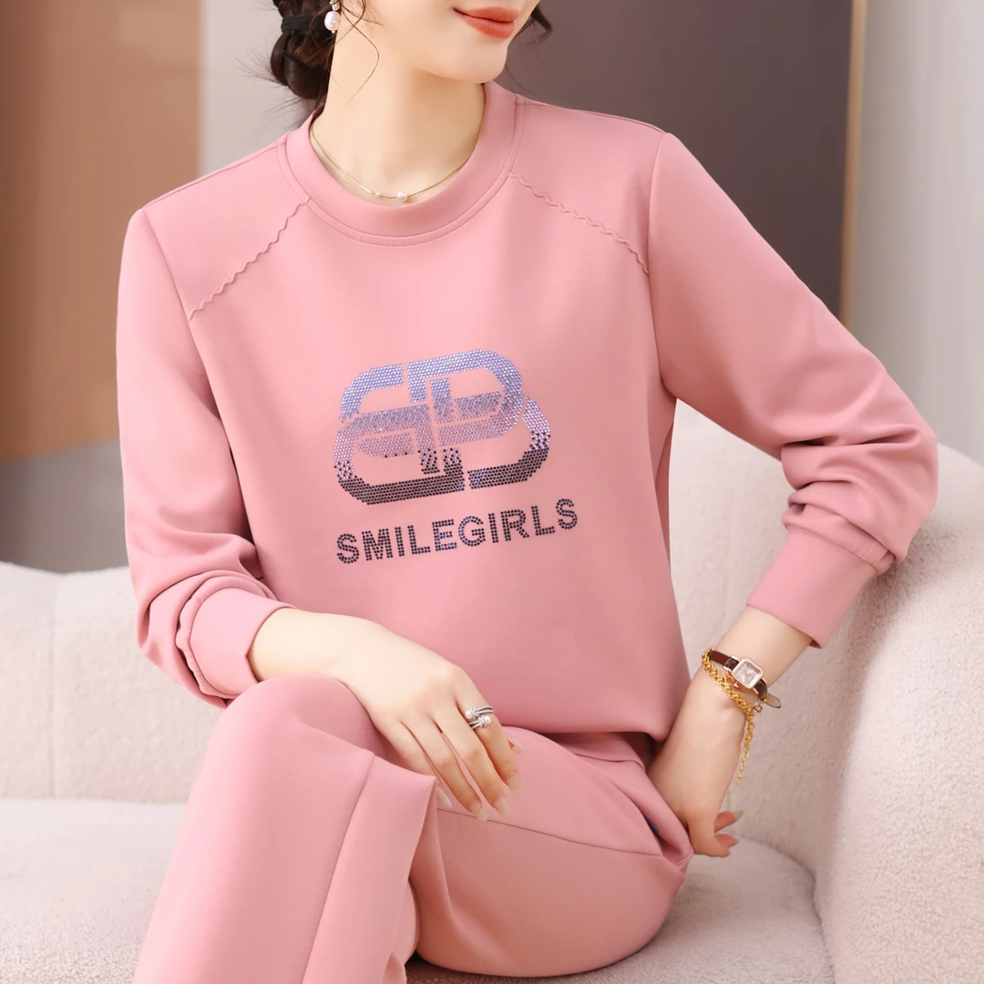 运动套装女春秋2025新款妈妈圆领长袖卫衣宽松时尚气质休闲两件套