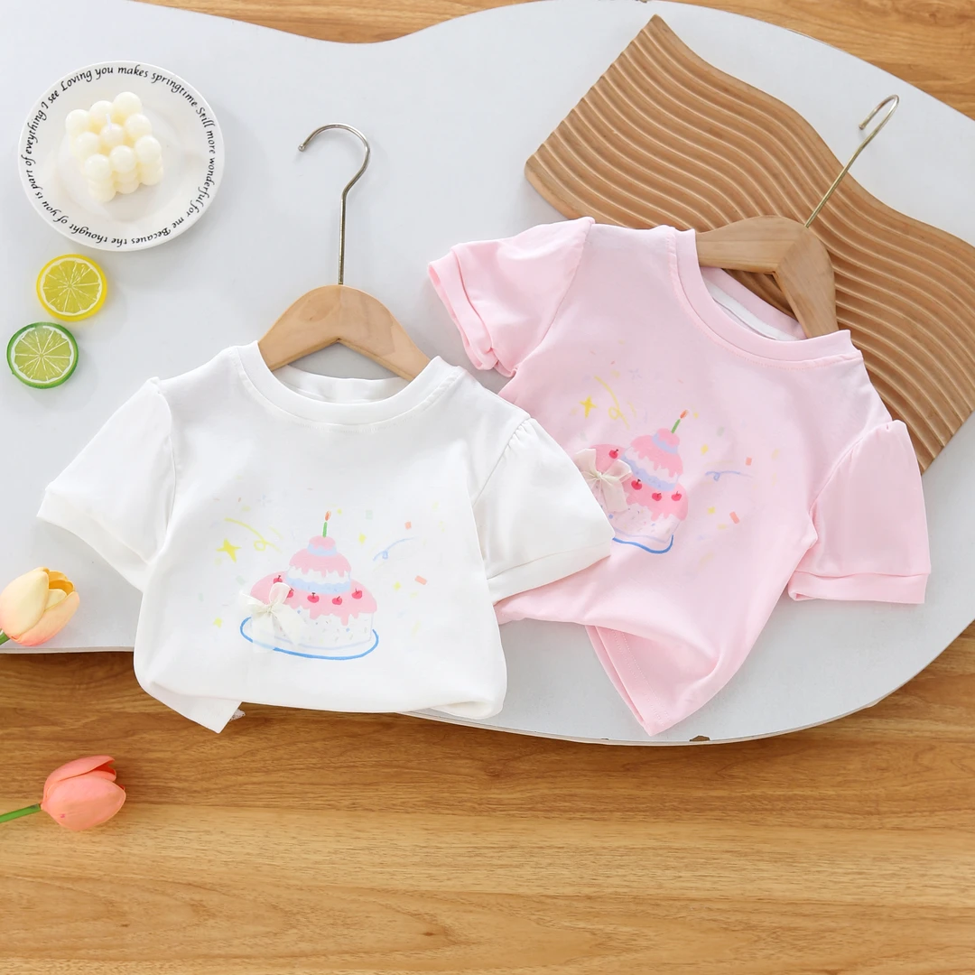 夏季小童洋气t恤女童7A蝴蝶结可爱公主风休闲时尚短袖纯棉