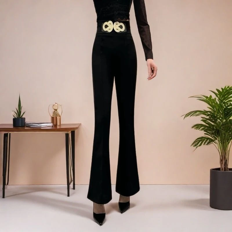 2025新款喇叭裤春夏高腰时尚金属扣宽腰头垂感黑色百搭显瘦微喇裤